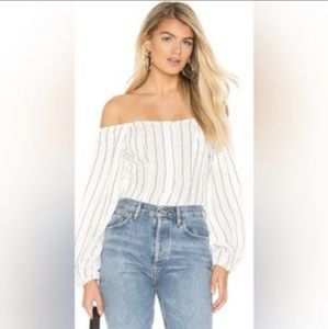 Revolve Superdown Kaylee button up linen long sleeve off the shoulder top xs